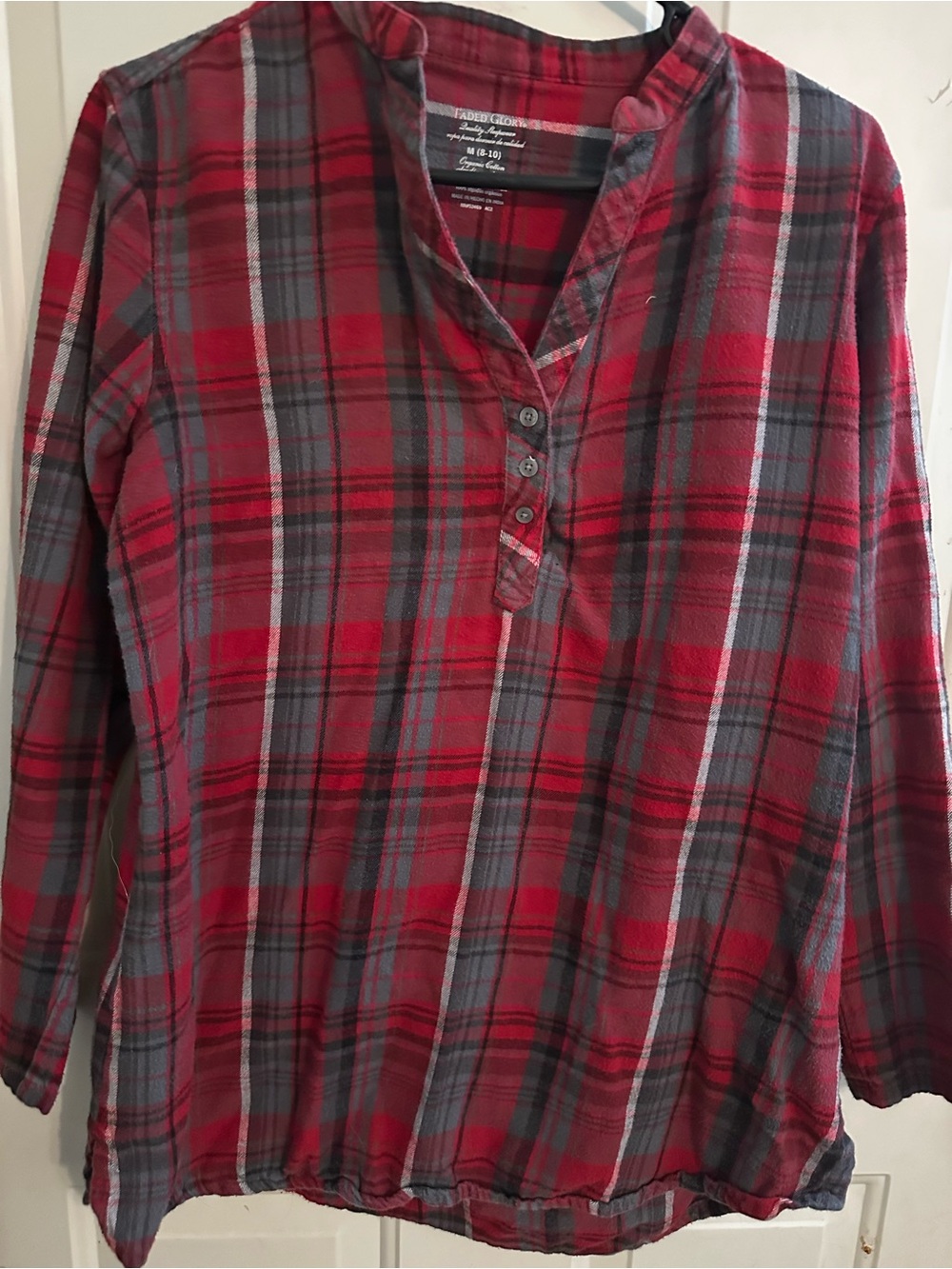 Faded Glory Red and Gray Plaid Button-Front Henley M